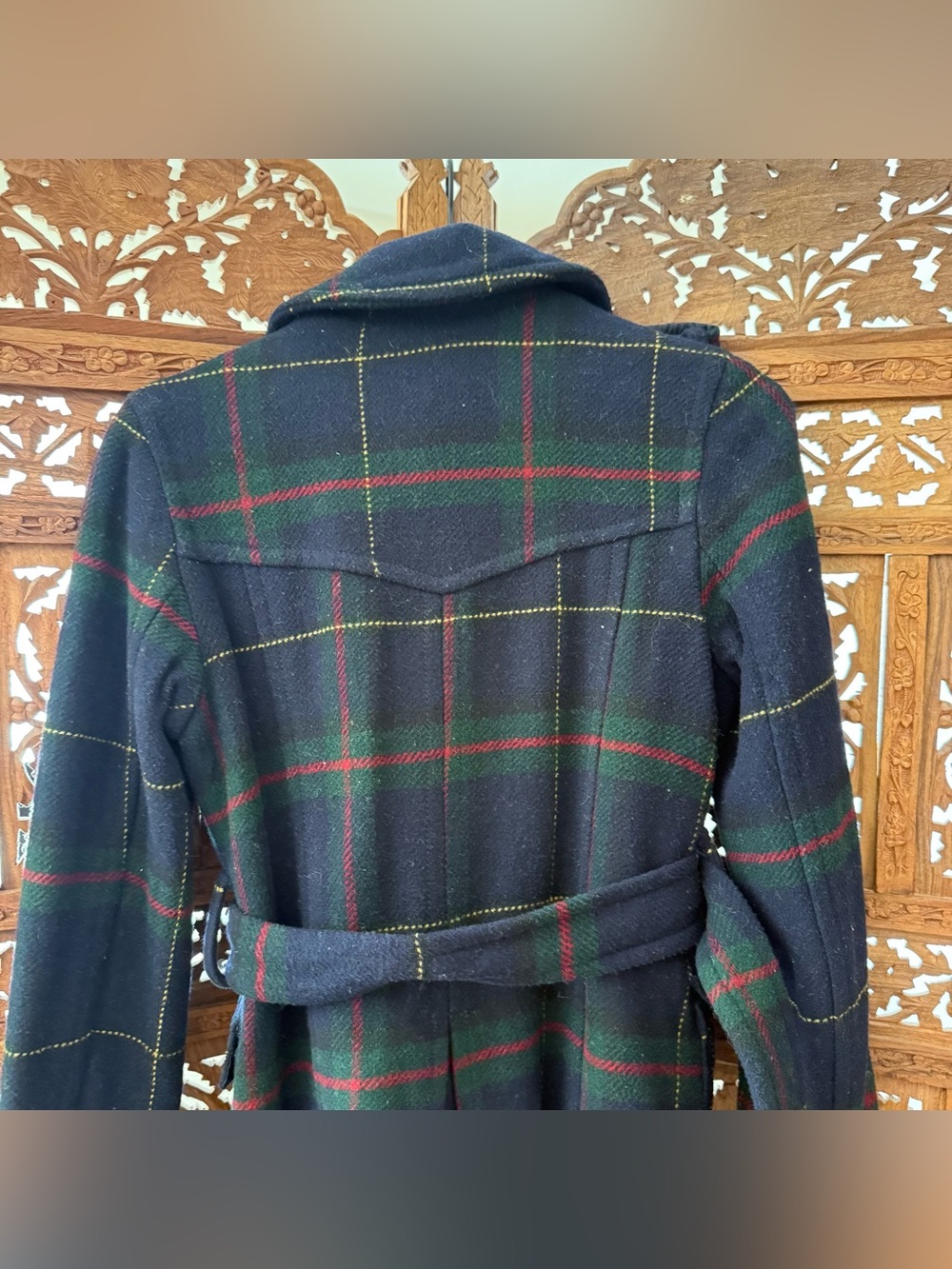 American Eagle Y2K Plaid Belted Wool Peacoat. Navy Green Red - Picture 8 of 9